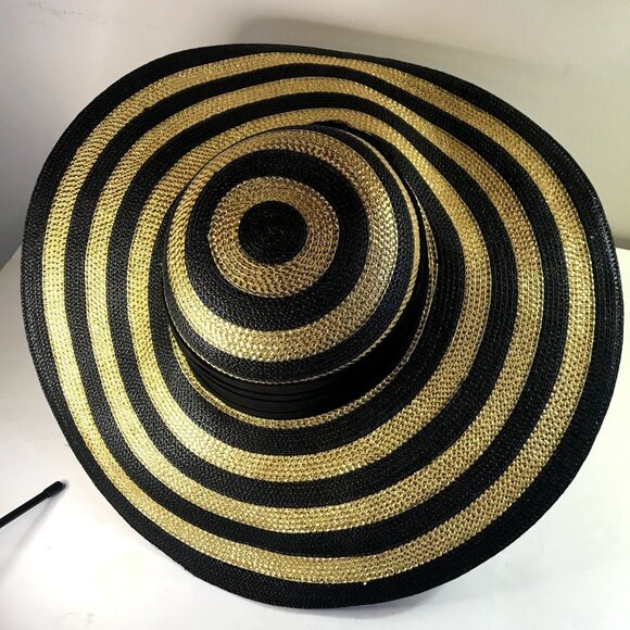 Vintage NEW Whittall & Shon Gold/Black Striped Wide Brim Straw Hat main image 6